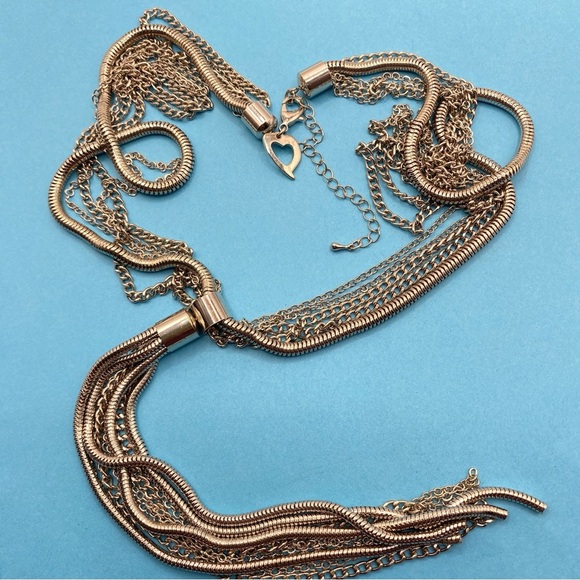 Multi-Strand Silver Tone Snake Chain Long Necklace With Tassel - Picture 6 of 6